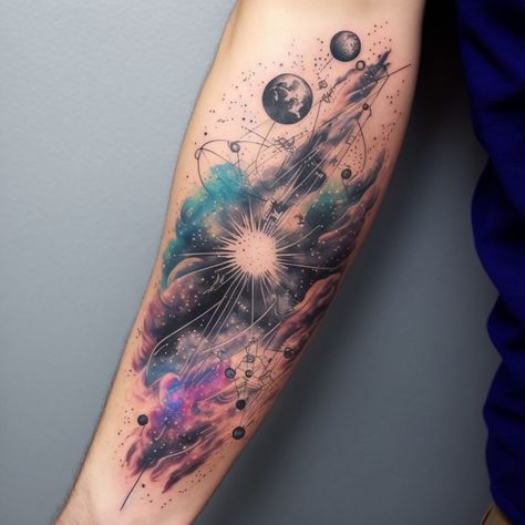 Space Tattoo Designs Color, Space Sleeve Tattoo Color, Watercolor Galaxy Tattoo Sleeve, Galaxy Tattoo Forearm, Color Space Tattoo, Geometric Galaxy Tattoo, Space Tattoo Color, Watercolor Space Tattoo, Watercolor Tattoo Men