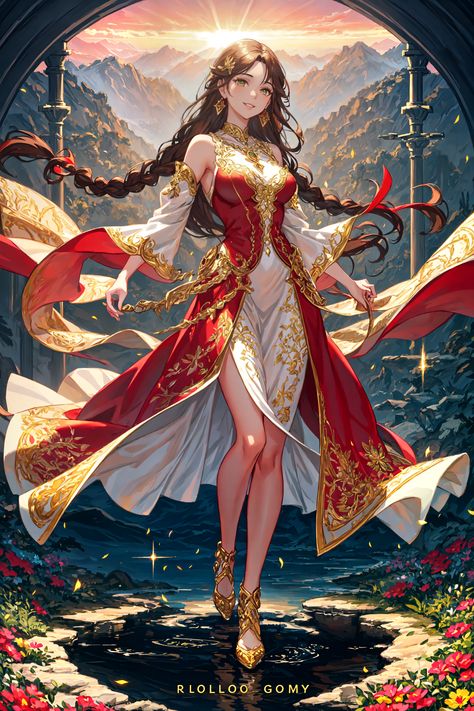 Dress Animation, Red Gold Dress, Red And Gold Dress, Enchanted Characters, Magical Sunset, Emerald Eyes, Lady In Waiting, Red Dress Women, Comic Art Girls