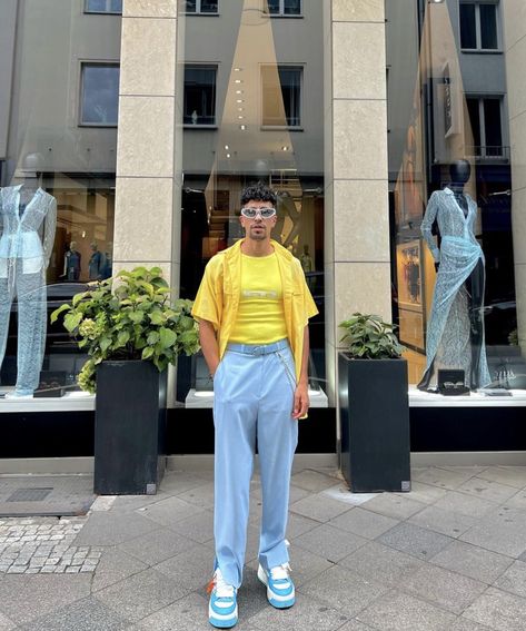 Yellow Outfit Men, March Photoshoot, Blue Outfit Men, Blue And White Outfits, Reunion Ideas, Yellow Fits, Fashion Boy, Outfit Grid, Yellow Outfit