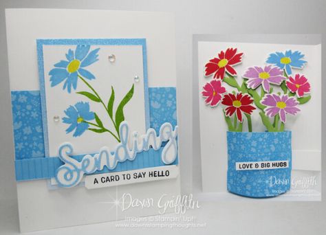 Pop up 3-D Vase full of flowers card by Dawn Griffith Pop Up Vase Card Tutorial, Vase Cards, Vase Full Of Flowers, 3d Vase, Dawns Stamping Thoughts, Dawn Griffith, Sending Smiles, Pop Out Cards, Vase With Flowers