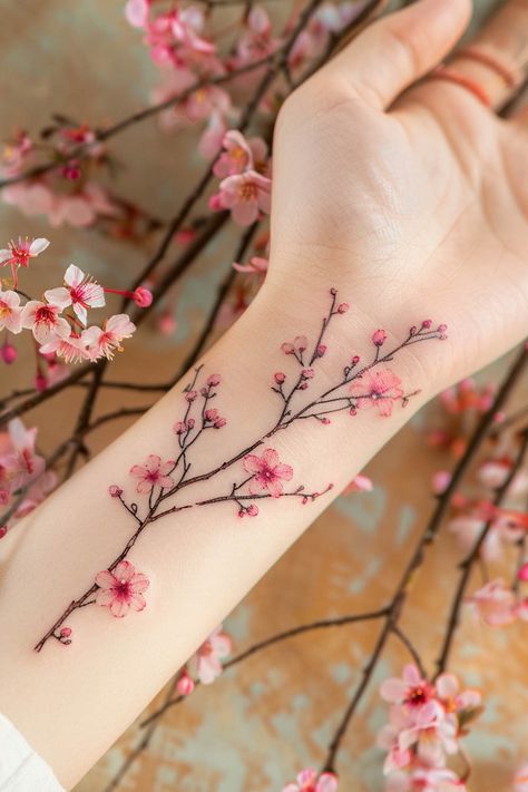 Explore 25 Flower Tattoo Ideas with Deep Meanings Cute Cherry Blossom Tattoo, Women Tatoos Ideas With Meaning, Flower Sleeves For Women Tattoo, Tattoo Ideas Cherry Blossoms, Dainty Cherry Blossom Tattoo, Flower Designs Tattoo, Pink Tattoo Ideas, Cherry Blossom Sleeve Tattoo, Fine Line Cherry Blossom Tattoo