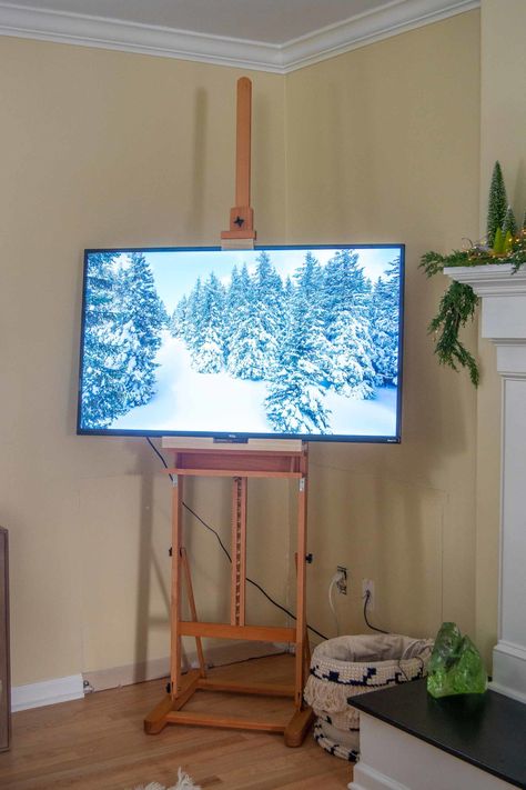 I turned a basic art easel into a television stand with $15 of basic materials. #restorationhardware #televisionstand #restorationhardwareinspo #tvstand Tv Easel, Easel Diy, Easel Tv Stand, Diy Easel, Television Stand, Basic Art, Diy Storage Rack, Easel Stand, Art Easel