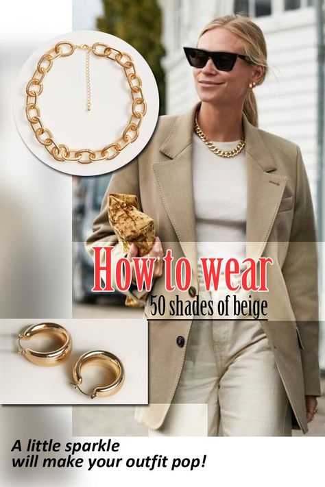 50 shades of #beige | How to wear | A little sparkle will make your beige outfit pop. Opt for a trending gold chunky chain link necklace. #beigeoutfit #styletips #styletip #tipstowear #howtowear #pantsuit #beigesuit #bestoutfit #fasiontrends #colortrends #fallcolors #beigepants #neutraltones #falltextures #goldchunkychain #chainlinknecklace #accessories #fallaccessories Chunky Gold Chain Necklace Outfit, Chunky Gold Necklace Outfit, Chunky Chain Necklace Outfit, Gold Necklace Outfit, Beige Sweater Outfit, Chain Necklace Outfit, Beige Outfits, Chain Outfit, Fall Fashion Colors