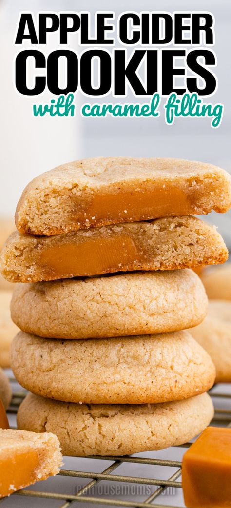 Apple Cider Cookies With Caramel, Unusual Cookies, Cider Cookies, Cookies With Caramel, Apple Cider Cookies, Caramel Dessert, Fall Cookie Recipes, Easy Treats To Make, Halloween Cookie Recipes