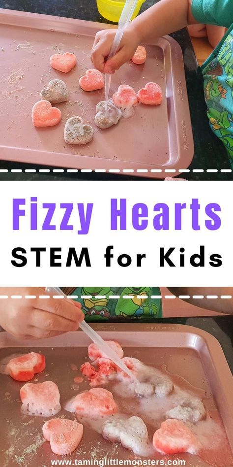 Fizzy Heart Bombs (Valentines STEM for Kids). Fun Valentine's day themed science activity for toddlers and preschoolers. #valentine #STEM #science #toddler #preschool #kindergarten Science Activity For Toddlers, Valentine Preschool Party, Valentines Stem, February Stem Activities, Valentine Science Experiments, Valentine Stem Activities, Valentine Stem, Science Activities For Toddlers, Stem Activity For Kids