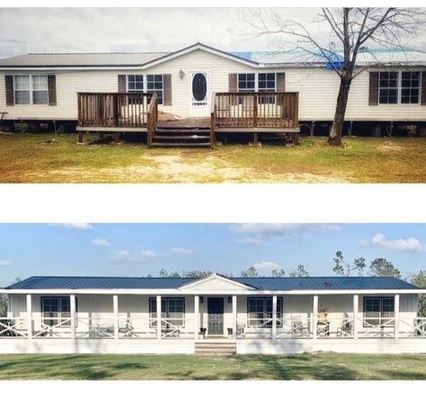 Shed House Porch Ideas, Remodel Modular Home Ideas, Modular Home Updates, Singlewide Trailer Remodel, Manufactured Home Porch, Double Wide Remodel, Mobile Home Redo, Mobile Home Exteriors, Mobile Home Makeovers