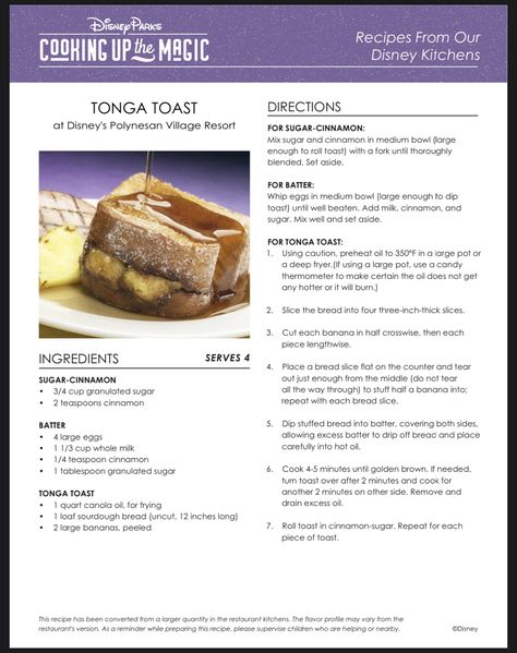 Sanaa Disney Recipes, Tonga Toast Recipe, Tonga Toast, Disney Cookbook, Disney World Recipes, Disney Copycat Recipes, Disney Food Recipes, Meal Board, Disney Dishes