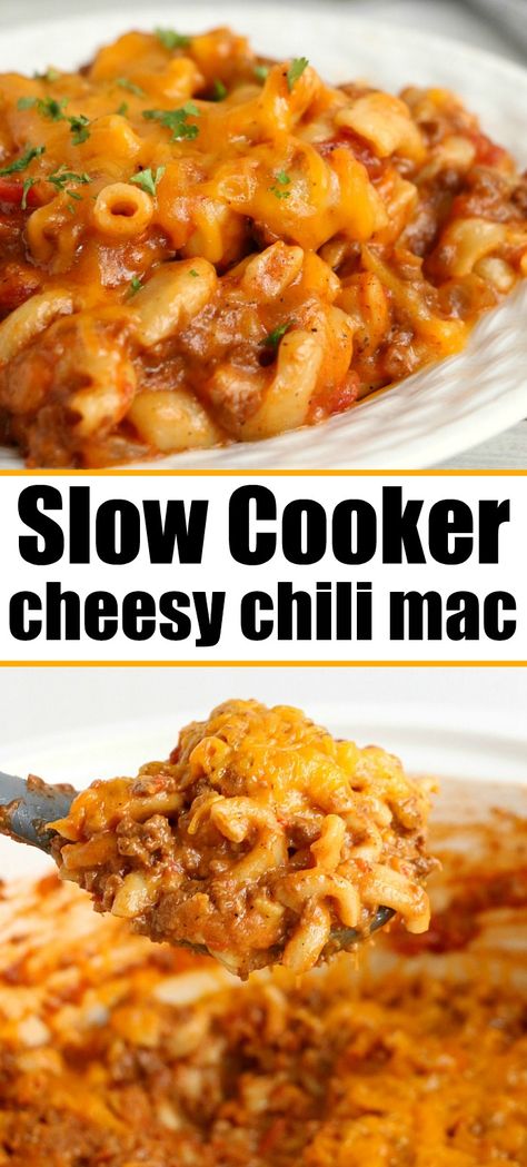 Crockpot Chili Mac, Mild Chili Recipe, Cheesy Chili Mac, Chili Mac Crockpot, Slow Cooker Chili Mac, Best Slow Cooker Chili, Cheesy Chili, Chili Mac Recipe, Chili Mac And Cheese