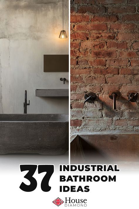 37 Industrial Bathroom Ideas Concrete Shower Ideas, Farmhouse Industrial Bathroom, Exposed Brick Bathroom, Industrial Color Scheme, Brick Wall Bathroom, Industrial Bathroom Ideas, Modern Industrial Bathroom, Industrial Sink, Brick Bathroom