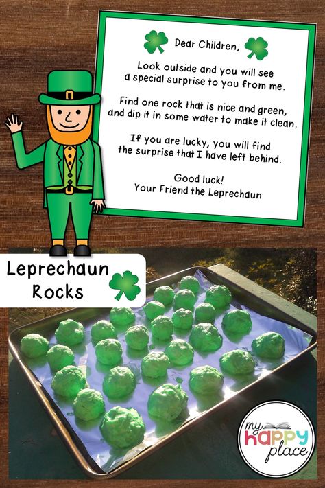 Our leprechaun didn't get tricked by our trap on St. Patrick's Day, but he did leave behind these magic leprechaun rocks along with his note. Leprechaun Rocks, Leprechaun Activities, Leprechaun Tricks, St Patricks Crafts, St Patricks Day Crafts For Kids, March Activities, Leprechaun Trap, St Patrick Day Activities, St Patrick's Day Crafts