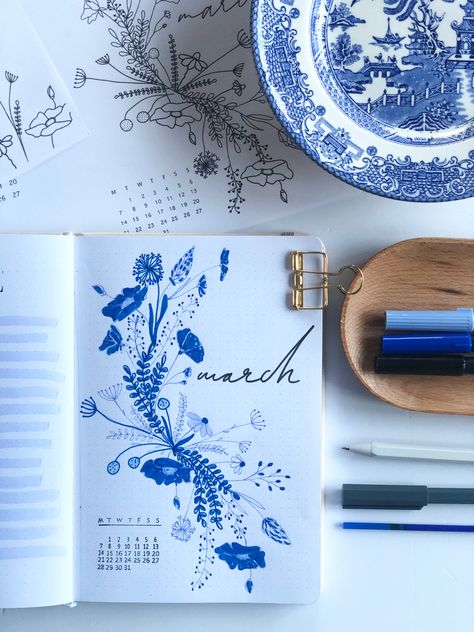 Blue Themed Drawing, Blue Aesthetic Design For Journal, Blue Designs For Journal, March Bujo Cover, Blue Theme Journal, Bujo Cover Page, Bullet Journal Marzo, March Journal, March Bujo