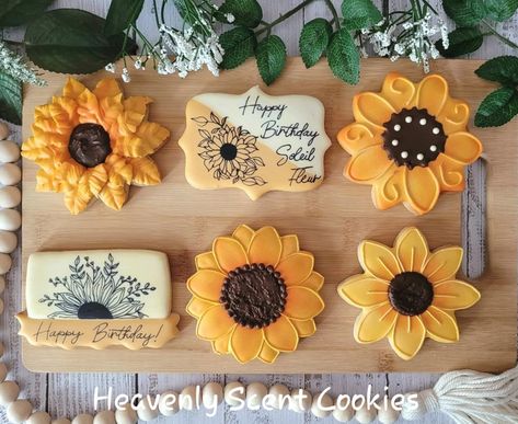 60th Birthday Sunflower Theme, Sunflower Birthday Cookies Decorated, Sunflower Cutout Cookies, Sunflower Bridal Shower Cookies, Sunflower Birthday Cookies, Sunflower Sugar Cookies Royal Icing, Sunflower Royal Icing Cookies, Sunflower Cookies Royal Icing, Sunflower Biscuits