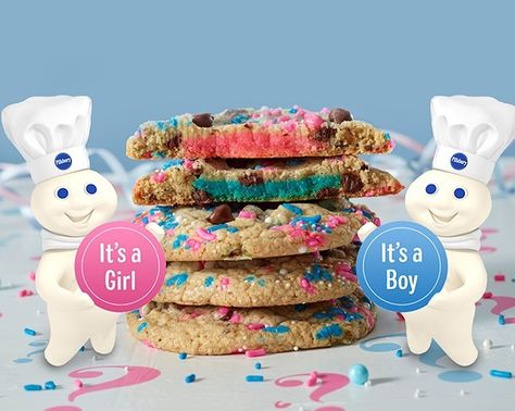 Milk And Cookies Gender Reveal, Gender Reveal Stuffed Cookies, Cookie Cake Gender Reveal, Easy Gender Reveal Desserts, Gender Reveal Cookie Cake, Cookie Gender Reveal, Gender Cookies, Gender Reveal Baked Goods, Gender Reveal Cookies Ideas Simple