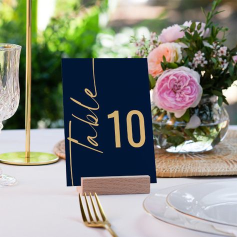 Rotated Calligraphy Navy Blue Gold Script Wedding Table Number Navy Blue Gold And Black Wedding, Navy Blue Dinner Table Decor, Blue Gold Wedding Decor, Wedding Table Navy Blue, Navy Blue And Gold Centerpieces, Blue And Gold Wedding Theme, Navy Wedding Decor, Table Numbers Wedding Elegant, Navy Blue Wedding Theme