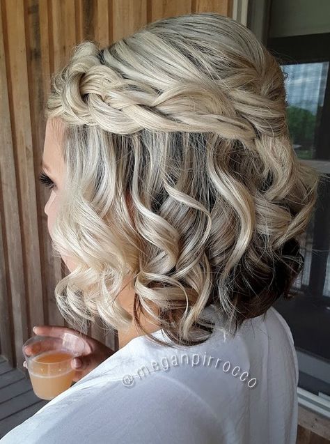 Wedding Hair For Shoulder Length Hair Half Up, Shirt Hair Wedding Hairstyles, Cute Hairstyles For Short Hair Curly Half Up, Short Hair With Braids Ideas Half Up, Half Updos For Shoulder Length Hair, Half Up Wedding Hairstyles Short Hair, Short Curly Hair Wedding Styles Half Up, Bridesmaid Hairstyles For Medium Length, Bridal Half Up Half Down Medium Length