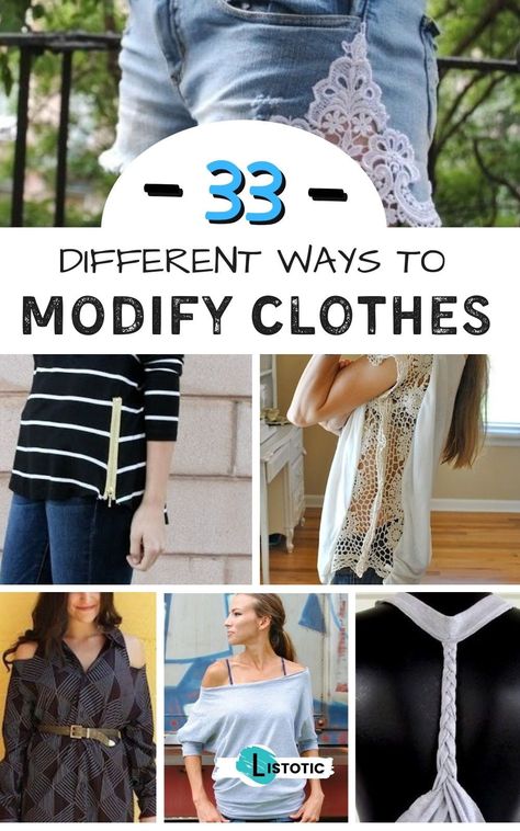 Tons of fun ideas to modify your clothes so they look more stylish then before. Great ideas for Thrifting! Find steals on clothes and refashion them to meet your needs and wants. See all 33 different ways to restyle your clothes on Listotic. Old Clothes Diy Upcycling, Repurposed Clothing Diy, Refashion Clothes Upcycling, Thrifting Clothes, Modified Clothing, Old Clothes Diy, Revamp Clothes, Reuse Old Clothes, Remake Clothes