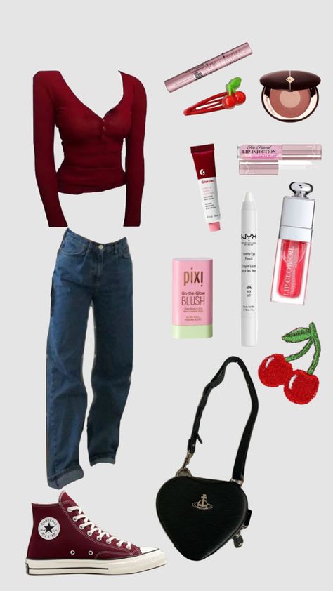 Cherry Core Outfits, Cherry Cola Aesthetic Outfits, Cherry Girl Aesthetic Outfit, Cherry Skincare, Red Cherry Outfit, Red Accent Outfit, Fruit Outfit, Cherry Core, Girls Jeans Outfit