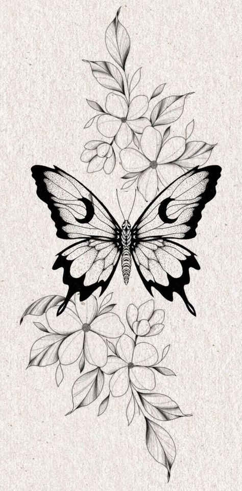 Butterfly’s Tattoo Design, Butterfly Snake Tattoo Design, Floral Butterfly Tattoo Design Forearm, As The World Falls Down Tattoo, Butterfly Flowers Drawing, Butterfly And Mandala Tattoo, Tattoo Stencils Flowers, Dainty Floral Spine Tattoo, Butterfly And Flowers Drawing