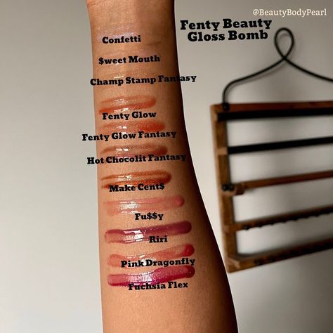 Part One of swatching my entire Fenty Beauty Gloss Bomb collection. ___ @fentybeauty #BBPFentyBeauty #BBPlipgloss #fentymakeup #fentybeauty #glossbomb #fentyglossbomb #lipglosscollection #sephoramakeup #fentygloss Fenty Gloss Swatch, Fenty Gloss, Fenty Beauty Gloss Bomb, Magic Makeup, Pink Dragonfly, Face Girl, Lip Gloss Collection, Sephora Makeup, Fenty Beauty