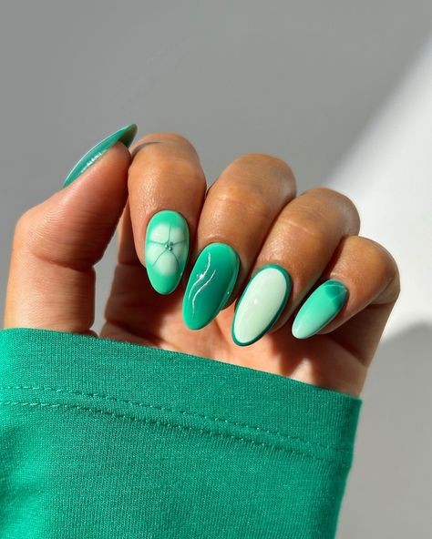 a green mix and match with subtle silver accents 🐢🌿✨ accompanied by this stunning ring ‘set toi et moi’ from @causyou and you can use code MarnieCY for 20% off 💞 #nails #nailinspo #nailart #naildesign #summernails #mixandmatchnails #greennails Green Nails For Wedding, Mixed Nail Designs, Green Design Nails, Green And Blue Nails, Nail Designs Green, Green Nails Designs, Mix Match Nails, Adorable Nails, Olive Nails