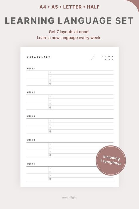 Language Study Journal Set of 7 aestheticplanner #polyglotplanner🍭 Bullet Journal Language Learning, Language Learning Tracker, Language Study Planner, Study Planner Ideas, Study Planner Printable Free, Planner Weekly Layout, Free Planner Pages, Learning Template, Aesthetic Planner