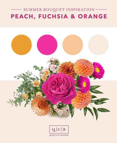 Teal Fuschia Orange Wedding, Peach And Fuschia Wedding, Pink Wedding Palette, Festive Aesthetic, Fuschia Wedding, Mexican Inspired Wedding, Bouquet Recipe, Orange And Pink Wedding, Magenta Wedding