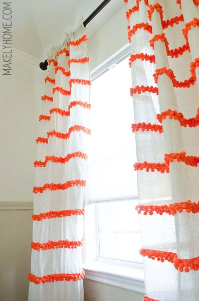 Trim Curtains, Anthropologie Hacks, Anthropologie Diy, Pom Pom Curtains, Drop Cloth Curtains, Diy Pom Pom, Striped Curtains, Farmhouse Curtains, Rustic Curtains