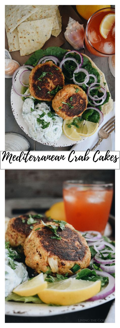 Mediterranean Crab Cakes - Living The Gourmet Recipes Pescatarian, Cook Fish, Crab Cake Recipe, Fantastic Recipes, Sides Recipes, Delicious Seafood Recipes, Seafood Recipe, Appetizers For A Crowd, Crab Cake