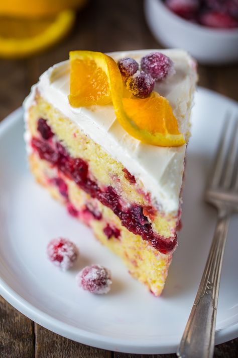 Moist and flavorful Cranberry Orange Cake! Orange Cranberry Cake, Orange Layer Cake, Cranberry Orange Cake, Cranberry Cinnamon, Orange Cream Cheese, Baker By Nature, Cranberry Cake, Orange Cranberry, Slice Of Cake