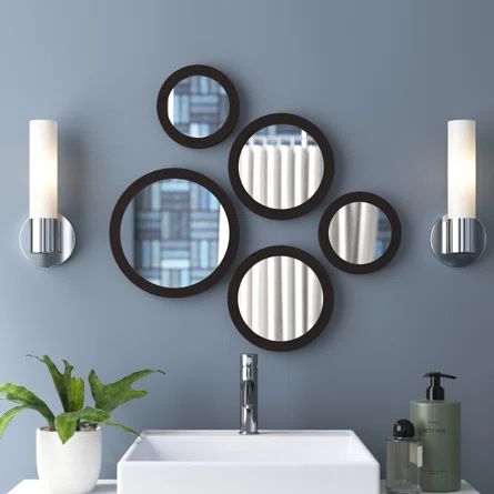 Wade Logan® Allysan Modern & Contemporary Mirror Set | Wayfair Set Of Mirrors, Mirror Arrangements On Wall, Round Mirrors Decor Ideas, Black Wall Mirror Living Room, Small Round Mirrors On Wall, Circular Mirror Decor, Small Circle Mirrors On Wall Ideas, Circle Mirrors On Wall Decor, Round Mirror Wall Decor Living Room