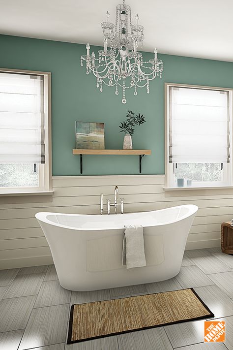 Pair a decadent chandelier with a deep freestanding statement tub for the ultimate personal luxury bathroom experience. Learn more at homedepot.ca . Casa Vintage, Bathroom Renos, Cool Ideas, Bath Tub, Bathroom Remodel Master, House Bathroom, Duck Egg, Farmhouse Bathroom, Beautiful Bathrooms