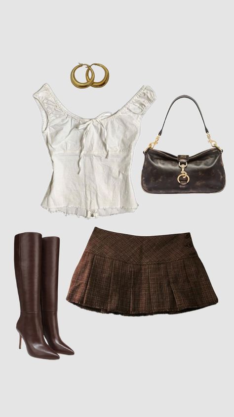 ★ brown Outfit ★ #brown #outfit #fit #brownfit #skirt #boots #outfitinspo How To Style Brown Skirt, Micro Shorts Outfit Going Out, Brown Denim Skirt Outfit, Brown Skirt Outfit Summer, Brown Plaid Pleated Skirt Outfit, How To Style Brown Boots, Brown Tube Top Outfit, Brown Boots Mini Skirt, Plaid Pleated Skirt Outfit