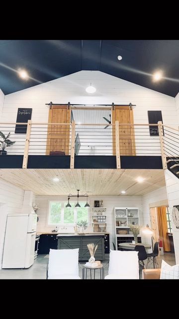 Upstairs Barndominium Ideas, Outside Barndominium Ideas, Mini Barndominium Interior, Front Of Barndominium, Industrial Farmhouse Barndominium, Small Barndominium Ideas With Loft, Loft In Barndominium, Small Barndominium With Loft, Mini Barndominium Ideas