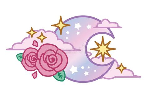 Illustration of cute moon with roses and stars, Vector, Doodle, kawaii illustration, moon, flower, stars, cute, kawaii stock illustration Doodle Kawaii, About Moon, Stars Vector, Star Doodle, Vector Doodle, Kawaii Illustration, Cute Kawaii Drawings, Pink Moon, Moon Flower