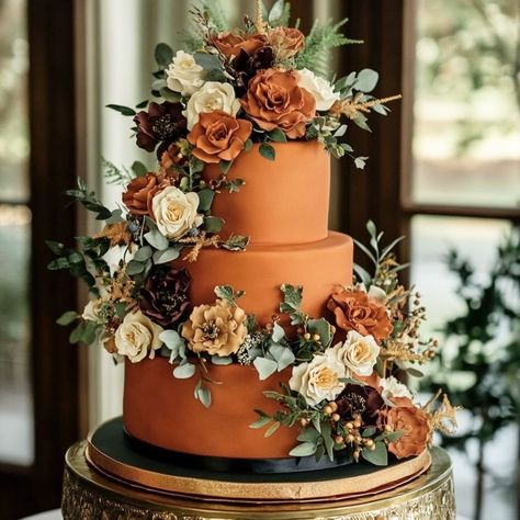 Emerald Green And Burnt Orange Wedding Decor, Burnt Orange Wedding Cake, Fall Wedding Cake Ideas, Irish Wedding Vows, Orange Wedding Ideas, 2026 Wedding, Orange Wedding Cake, Orange Wedding Themes, Elaborate Cakes