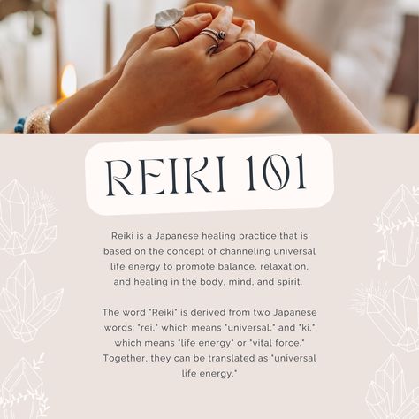 🌿Reiki 101🌿 Reiki is a Japanese healing practice that is based on the concept of channeling universal life energy to promote balance, relaxation, and healing in the body, mind, and spirit. The word "Reiki" is derived from two Japanese words: "rei," which means "universal," and "ki," which means "life energy" or "vital force." Together, they can be translated as "universal life energy." #reiki #reikilove #reikienergy #reikihealing Career Manifestation, Life Energy, Reiki Energy, Japanese Words, Chakra Crystals, Reiki Healing, Social Media Post, Reiki, Relaxation