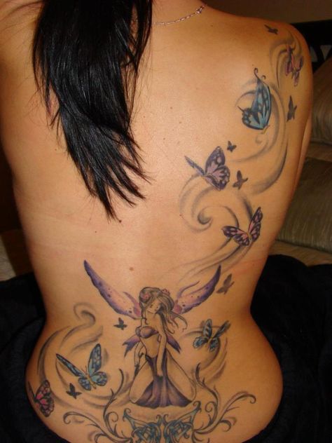 Y2k Tats, Fairy Tats, Watercolor Butterfly Tattoo, Women's Shoulder Tattoo, Butterfly Back Tattoo, Mystical Tattoos, Bright Tattoos, Dragonfly Tattoo Design, Dragon Tattoo For Women