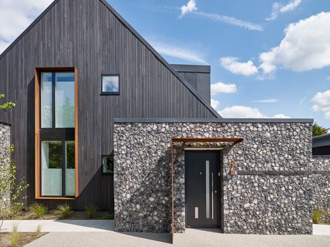 House 19 - Shou Sugi Ban Burnt Timber Cladding, Flint Wall, Rural Houses, Contemporary Front Doors, Cedar Cladding, Build House, House Cladding, Stone Facade, Modern Barn House