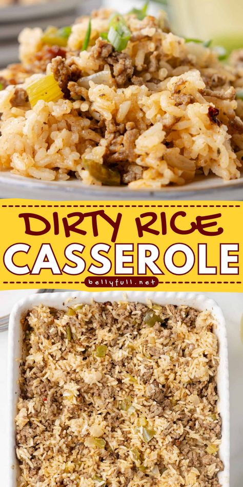 This easy Dirty Rice Casserole is the perfect side dish or meal! Made with ground beef, pork, vegetables, rice, and a great mix of seasonings, it’s loaded with flavor. Vegetable Beef Casserole, Rice Casseroles For A Crowd, Ground Beef And Rice A Roni Recipes, Easy Hamburger Rice Casserole, Recipes With Ground Beef And Rice, Rice And Meat Recipes, Ground Beef And Rice Recipes For Dinner, Rice A Roni Recipes, Pork And Rice Casserole