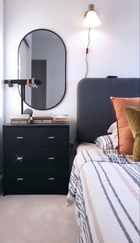 Oval Bedroom Mirror, Night Stand With Mirror Above, Mirror Above Nightstand, Mirrors Above Nightstand, Oval Mirror Bedroom, Mirrors Behind Nightstand Ideas, Mirror Behind Nightstand, Mirror Sconces, Mirror Headboard