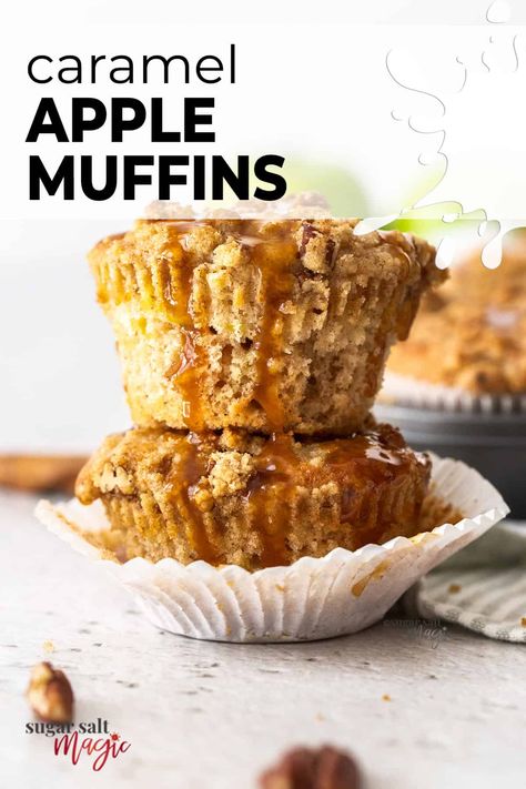 Caramel Apple Muffins are super-moist, super-tender cinnamon apple crumble muffins, topped with an easy homemade caramel sauce. Crunchy crumble, cinnamon, apple and soft, fluffy muffins with smooth caramel are next level delicious. #sugarsaltmagic #applemuffins #fallrecipes #muffins Cinnamon Apple Crumble, Easy Homemade Caramel Sauce, Caramel Apple Muffins, Apple Crumble Muffins, Easy Homemade Caramel, Fluffy Muffins, Crumble Muffins, Apple Muffin Recipes, Apple Cinnamon Rolls