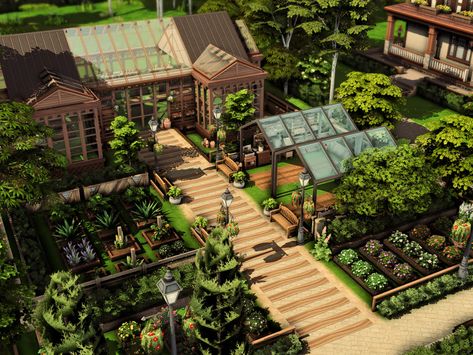 Conservatory Sims 4, Sims 4 Big Backyard Ideas, Cottage Core Sims House, Sims Community Garden, Sims 4 Hot Springs, Farm Sims 4 House, Sims 4 House With Garden, Sims Conversation Pit, Garden House Bloxburg