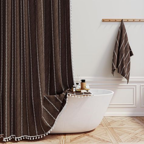 PRICES MAY VARY. 🛁【Boho Farmhouse Style with Tassel】: This shower curtain features a unique combination of bohemian and farmhouse style, with a 3D embroidery stripe design and tassels on three sides. The elegant and country style adds a touch of luxury to your bathroom and creates a beautiful aesthetic. This decorative shower curtain will elevate your bathing experience, allowing you to enjoy a luxurious hotel-like bath in the comfort of your own home. 🛁【Premium Linen Blend Fabric】: This boho Long Shower Curtain, Bohemian Shower Curtain, Brown Shower Curtain, Vintage Shower Curtain, Extra Long Shower Curtain, Farmhouse Shower Curtain, Long Shower Curtains, Farmhouse Shower, Boho Shower Curtain