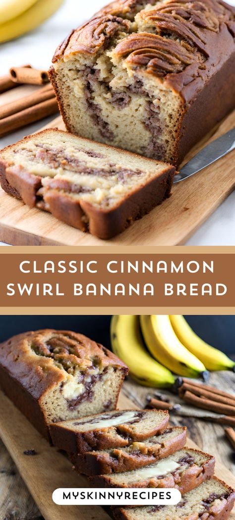 Indulge in the ultimate comfort treat with this Classic Cinnamon Swirl Banana Bread 🍌✨ Perfectly moist, with a delightful swirl of cinnamon sugar throughout! Easy to make and even easier to enjoy. #Classic Cinnamon Swirl Banana Bread#bananabread #cinnamonswirl #homemade #baking 🍞😋 Cinnamon Swirl Banana Bread Muffins, Easy Cinnamon Swirl Bread, Banana Bread With Cinnamon Swirl, Cinnamon Swirl Banana Bread Recipe, Best Banana Bread Recipe Moist Healthy, Cinnamon Crunch Banana Bread Recipe, Banana Bread Recipe Streusel Topping, Banana Swirl Bread, Cinnamon Banana Bread Muffins