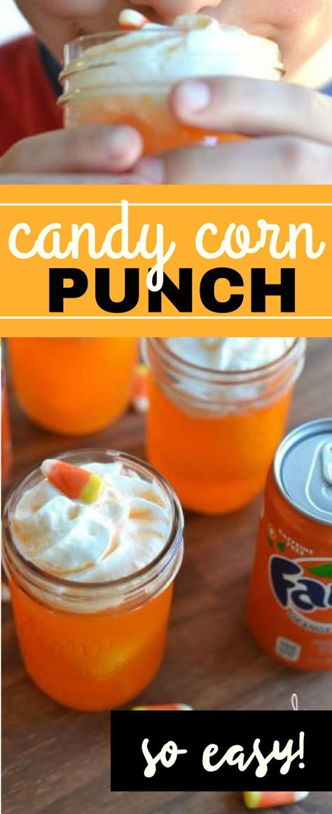 This Candy Corn Punch is a fun party food for Halloween! Easy for kids to make themselves, it also makes a fun after-school snack or fall treat.   #halloween #halloweenfood #partyfood #candycorn #halloweenparty Candy Corn Punch, Food For Halloween, Fun Party Food, Halloween Punch Recipes, Kids Party Snacks, Fall Party Food, Easy Halloween Snacks, Easy Candy, Halloween Punch