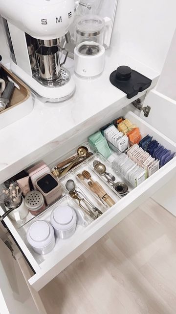 Tea Spot At Home, Coffee Station Drawer, Tea Station Small Spaces, Coffee Bar Drawer, Small Tea Station, Counter Tea Station, Tea Kitchen, Tea Area In Kitchen, Coffee Drawer Organization