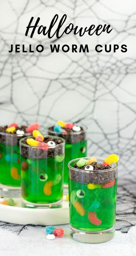 Halloween Jello Worm Cups, jello cups, lime jello, Halloween dessert, Halloween treat, Halloween recipe ideas, worms in dirt recipe, kid friendly Halloween recipe Jello Halloween, Halloween Desserts Kids, Jello Worms, Kid Friendly Halloween Party, Jelly Worms, Halloween Jelly, Halloween Jello, Halloween Deserts, Jello Cups