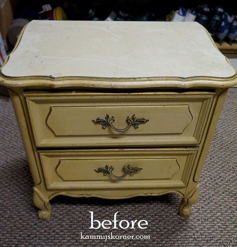 Kammy's Korner: Delightful Details! French Provincial Nightstands With Stenciled Drawers Paint French Provincial Furniture, French Provincial Nightstand Makeover, Painted French Provincial Furniture, Modern Bedside Table Design, French Provincial Bedroom Furniture, French Provincial Bedroom Set, Provincial Dresser Makeover, French Provincial Nightstand, French Provincial Dresser Makeover