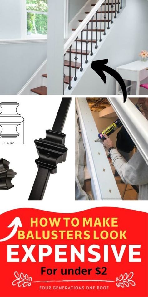 Stairway Makeover, Indoor Stair Railing, How To Make Iron, Iron Stair Balusters, Stair Railing Makeover, Diy Stair Railing, Stairway Wall, Metal Balusters, Stair Spindles