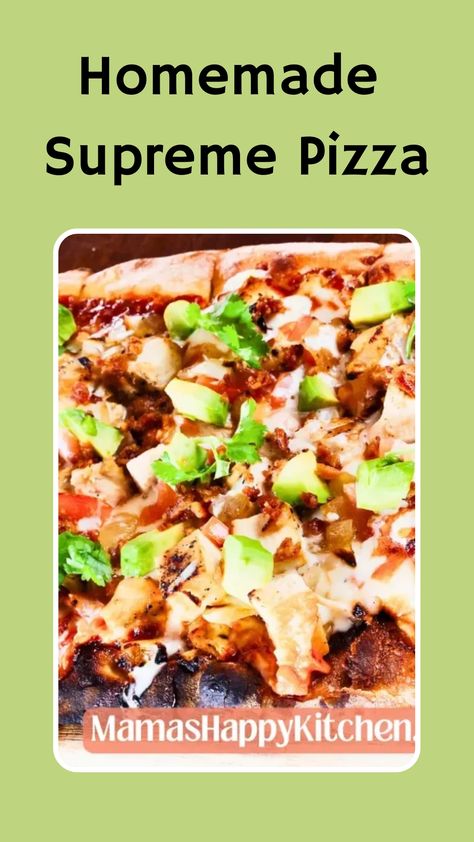 This homemade supreme pizza recipe is so easy and tasty! Red sauce on�homemade pizza crust�with delicious toppings. You�ll want to make this pizza over and over again! Homemade Supreme Pizza Recipes, Supreme Flatbread Pizza, Supreme Pizza Recipes, Homemade Supreme Pizza, Supreme Pizza Pasta Bake, Supreme Pizza Casserole, Supreme Pizza Recipe, Bbq Chicken Flatbread, Chicken Crust Pizza